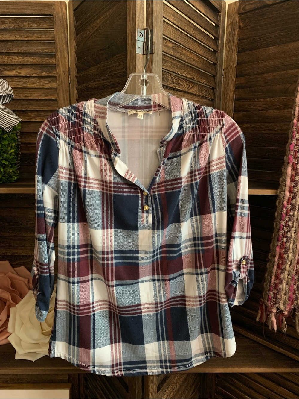 Claudia Richard Navy, Burgundy and White Plaid Smocked Shoulder Tunic